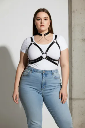 Black Faux Leather Caged Chest Harness Choker Detachable Body Chain