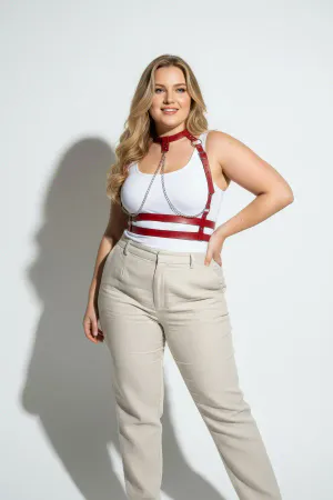 Red Faux Leather Chest Harness with Choker and Draped Chains on Woman