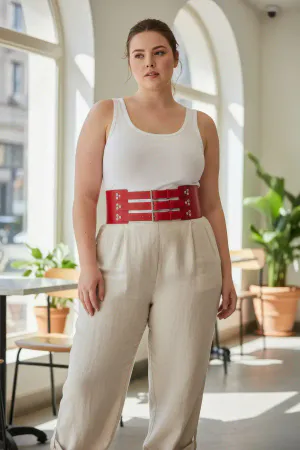 Red Faux Leather Wide Waist Cinch Harness Belt on Plus Size Model