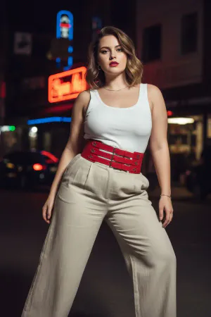 Red Faux Leather Wide Waist Cinch Harness Belt on Plus Size Model