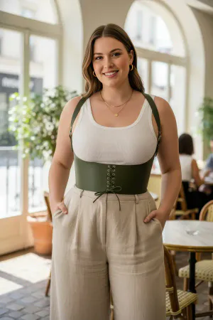 Olive Green Faux Leather Underbust Corset Harness with Shoulder Straps Lace-Up Front
