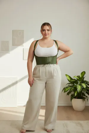 Olive Green Faux Leather Underbust Corset Harness with Shoulder Straps Lace-Up Front