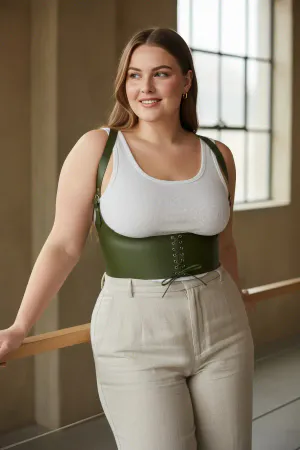 Olive Green Faux Leather Underbust Corset Harness with Shoulder Straps Lace-Up Front