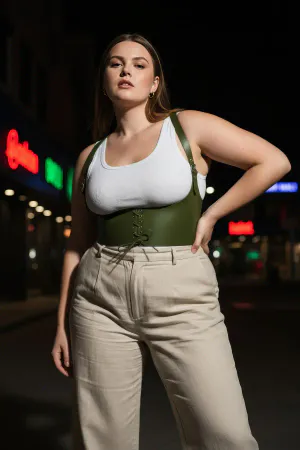 Olive Green Faux Leather Underbust Corset Harness with Shoulder Straps Lace-Up Front