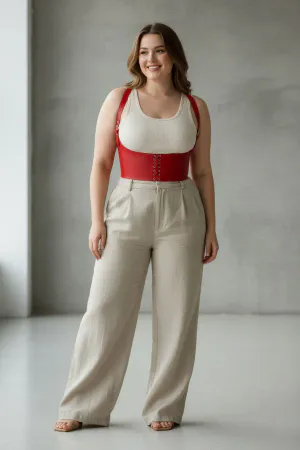 Red Faux Leather Corset Belt with Shoulder Straps Front View