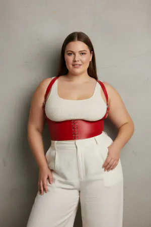 Red Faux Leather Corset Belt with Shoulder Straps Front View