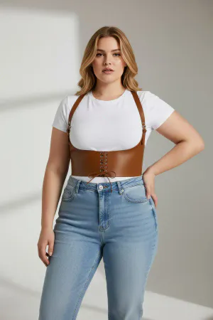 Tan Faux Leather Underbust Corset Harness with Shoulder Straps