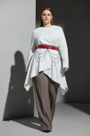 Red Faux Leather Waist Belt with Draped Silver Chains Worn Over White Tunic
