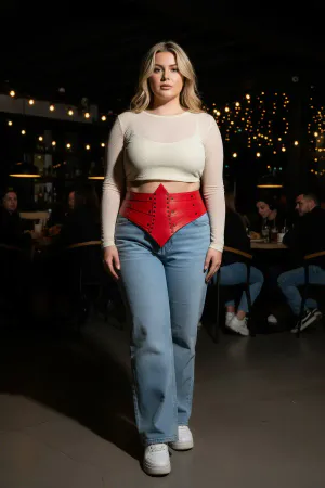 Red Studded Faux Leather Waist Harness Belt with Pointed Front