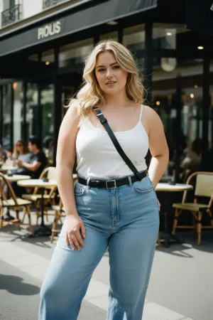 Black Faux Leather Diagonal Strap Cinch Harness over a white shirt and jeans