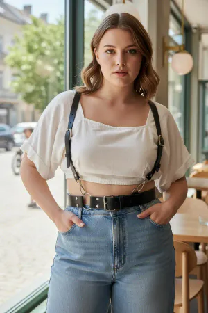 Black Faux Leather Chest Harness Belt Women Wide Waist Belt Adjustable Shoulder Straps