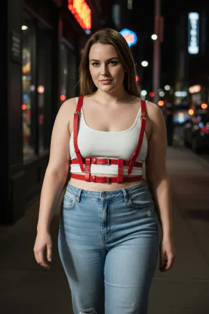 Red Faux Leather Caged Underbust Harness Top worn over white crop top and jeans