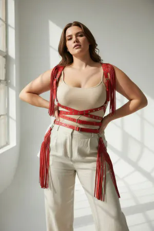 Red Fringed Faux Leather Body Harness with Caged Waist Front View