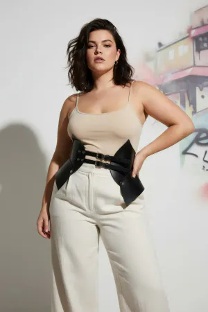 Black Faux Leather Structured Waist Cinch Harness Model Wearing