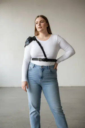 Black Faux Leather Shoulder Harness with Tiered Epaulette Worn by Woman
