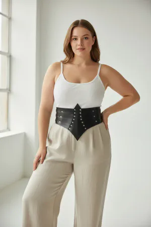 Black Faux Leather Studded Waist Cincher Bodice Belt Front View