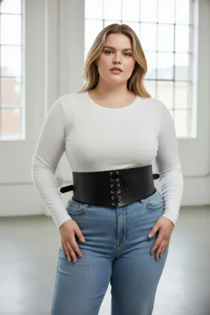 Black Faux Leather Underbust Lace-Up Waist Cincher Wide Belt