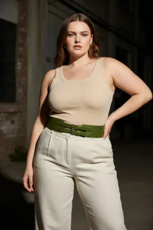 Green Faux Leather Wide Waist Harness Double Buckle Cinching Waist