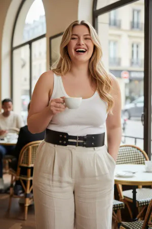 Black Faux Leather Double Buckle Waspie Waist Belt with Silver Studs on a model in a cafe