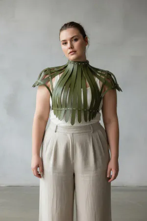 Olive Faux Leather Ribbed Cage Shrug Harness Top with Rivet Details