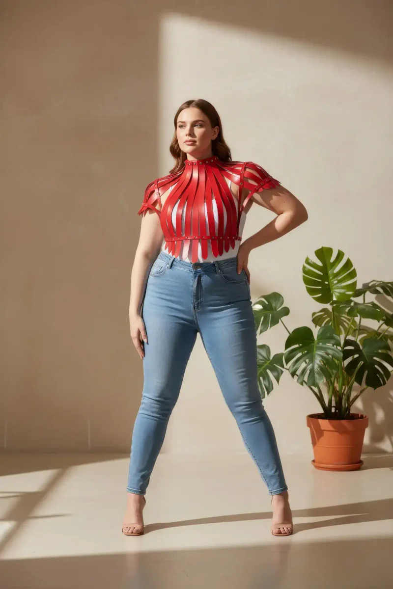 Red sculptural high-neck faux leather harness