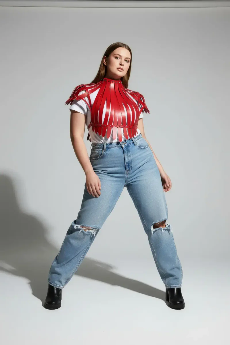 Red sculptural faux leather harness styled over