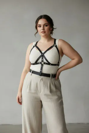 Black Faux Leather X-Strap Chest Harness with Silver Studs, adjustable fit