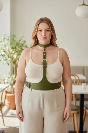 Olive Vegan Leather Chest Harness and Wide Waist Belt Front View