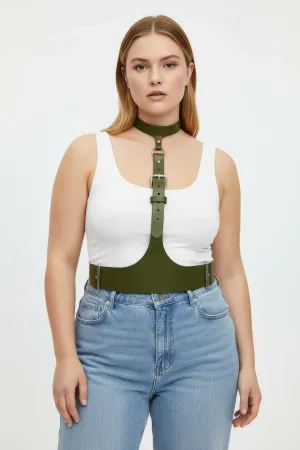 Olive Vegan Leather Chest Harness and Wide Waist Belt Front View