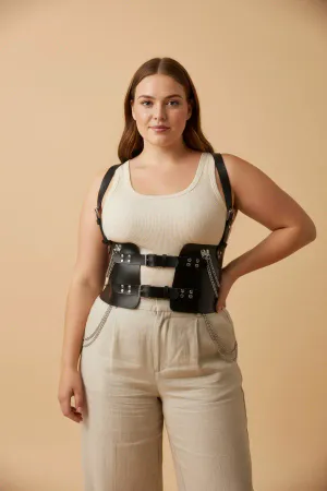 Black Faux Leather Underbust Body Harness with Silver Chains and Buckles