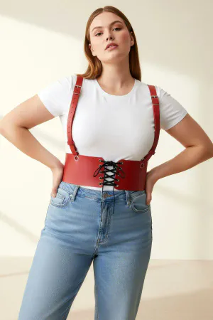Red Faux Leather Underbust Harness Women Front Lace-Up Adjustable Straps