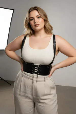 Black Faux Leather Underbust Corset Harness Women Laced Front