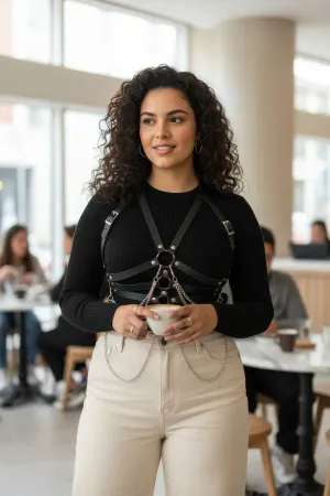 Black Faux Leather Full Body Harness with Draping Silver Chains worn by plus size model over white tank top