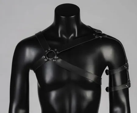 Black Vegan Leather Asymmetric Chest and Arm Harness Front View