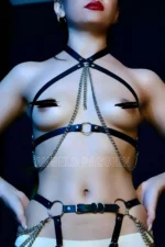 Chain-Detailed Sexy Harness Set, Stiff Leather Harness Fantasy Lingerie Set - SH1084 - Image 4