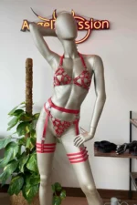 Red Leather BDSM Fantasy Garter Set - Image 2