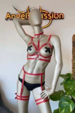 Red Leather Bust Harness and Garter Harness - Image 4