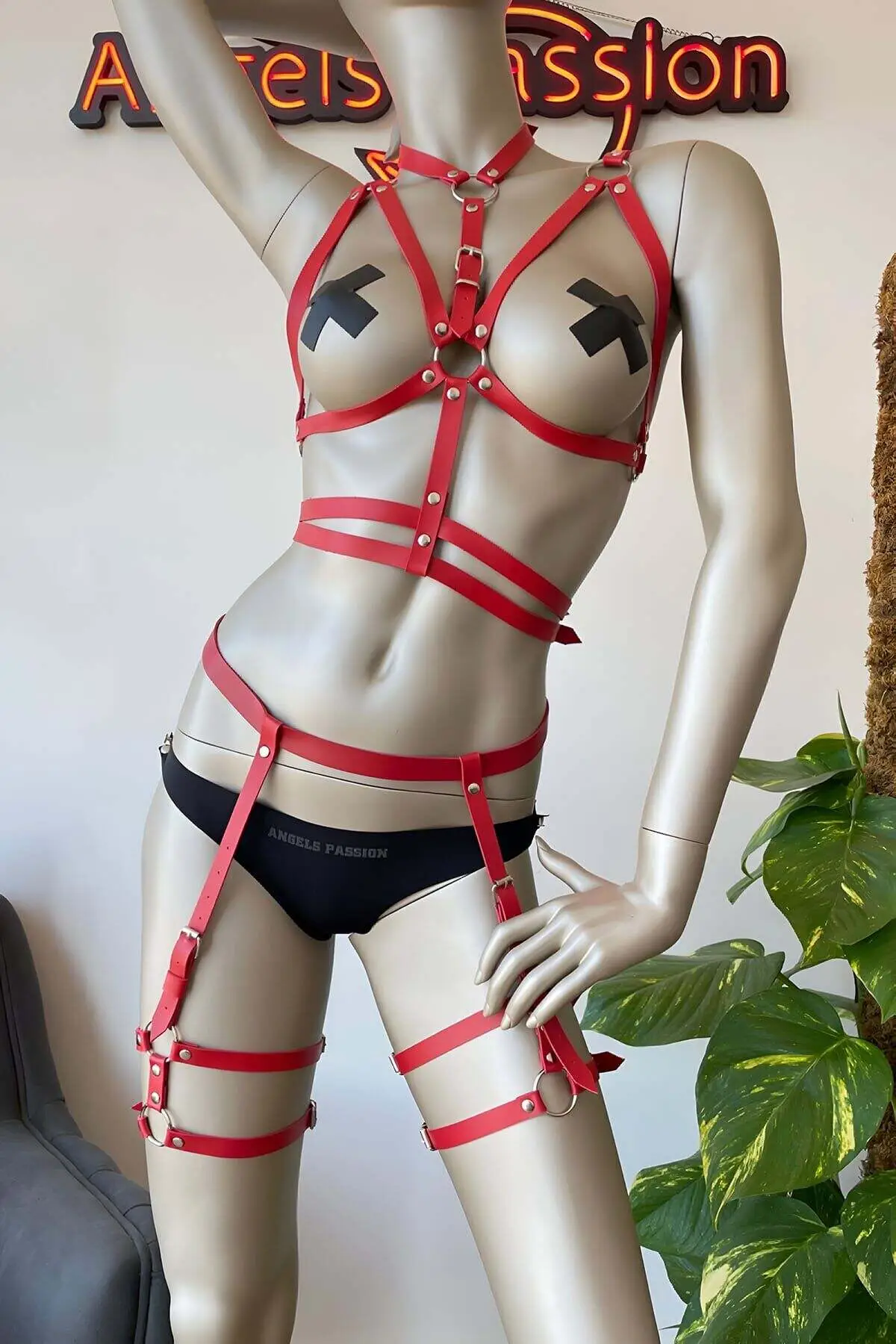 Red Fantasy Leather Garter Harness Set