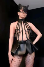 Mini Skirt, Body Harness and Cat Mask Set - SH1313
