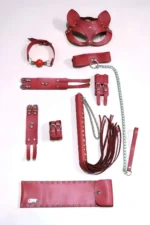 Kırmızı Deri Kedi Maskeli Kırbaç El ve Ayak Kelepçesi Ağız Topu 6'lı Set SH1308