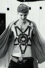 Siyah Deri Pentagram Detaylı Metal Halkalı Erkek Harness