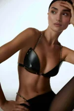 Fantasy Chain G-String Bra and Panty Set with Leather Harness - SH1227