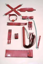 Kırmızı Deri Kelepçe Kırbaç Göz Maskesi ve Ağız Topu 7 Parça Set SH1310