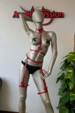 Red Leather Garter Set with Bow Detail - Image 3