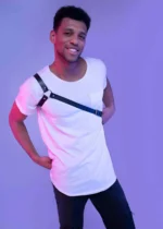 Siyah Deri Halka Detaylı Tek Omuz Çapraz Erkek Harness SHM3