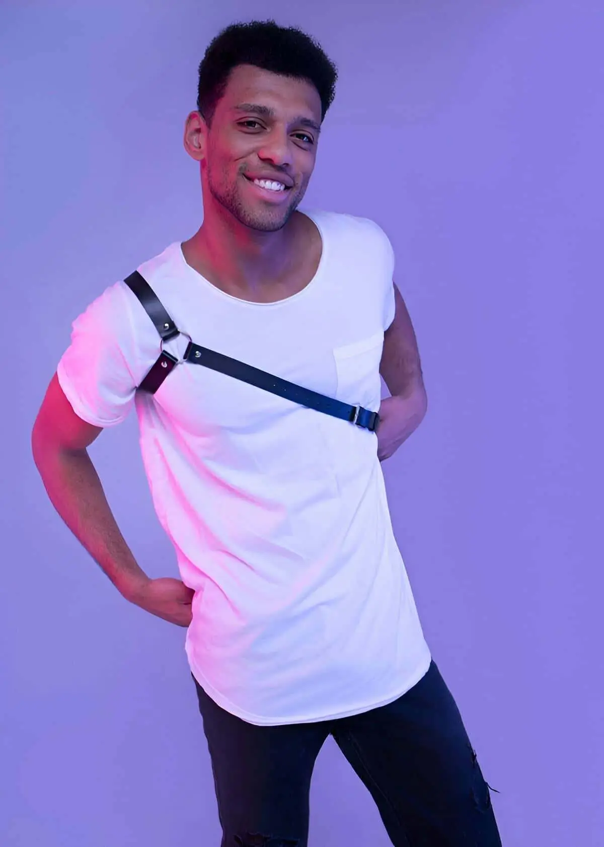 Siyah Deri Halka Detaylı Tek Omuz Çapraz Erkek Harness SHM3