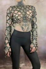 Cross Design Long Sleeve Leather Crop Tie-Up Bustier Harness - SH1076