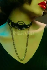 Siyah Deri Halka ve Zincir Detaylı Choker Kolye SH588 - Image 3