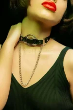 Siyah Deri Halka ve Zincir Detaylı Choker Kolye SH588 - Image 2