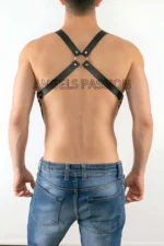 Siyah Deri Metal Halkalı Çapraz Sırt Erkek Harness SHM4